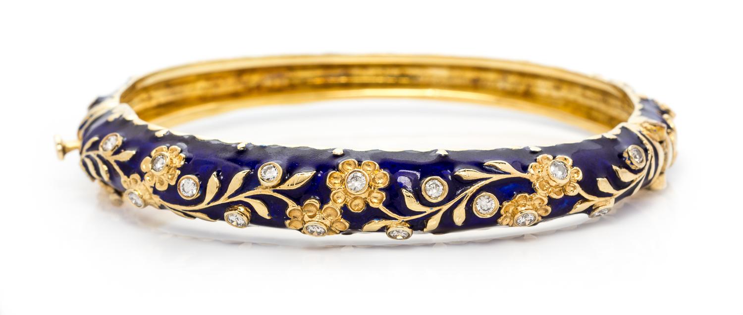 A 14 Karat Yellow Gold, Enamel and Diamond Bracelet, 23.30 dwts.