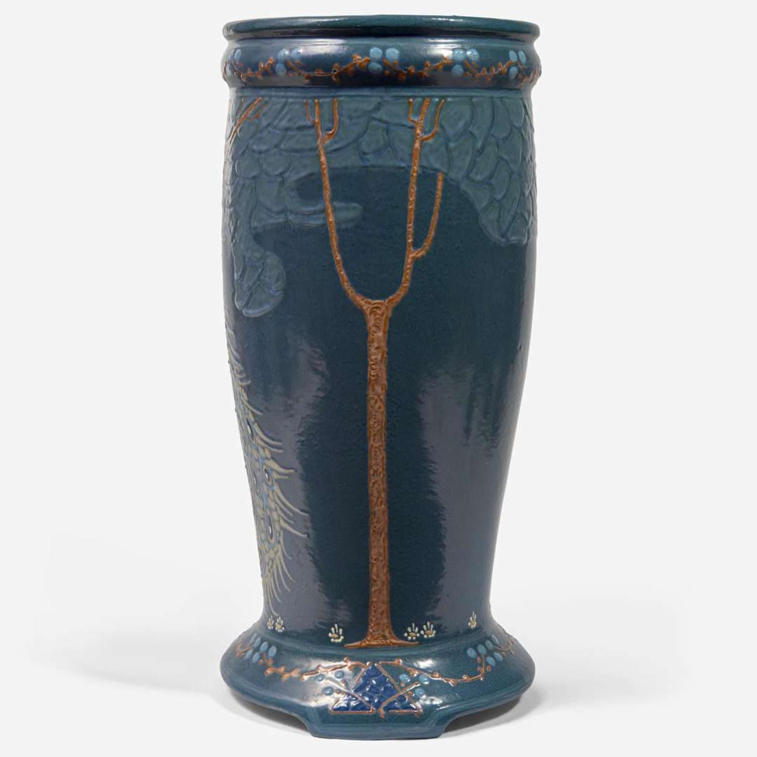 Frederick Hurten Rhead (British-American, 1880-1942) Peacock Umbrella Stand, Roseville Pottery, USA, circa 1908