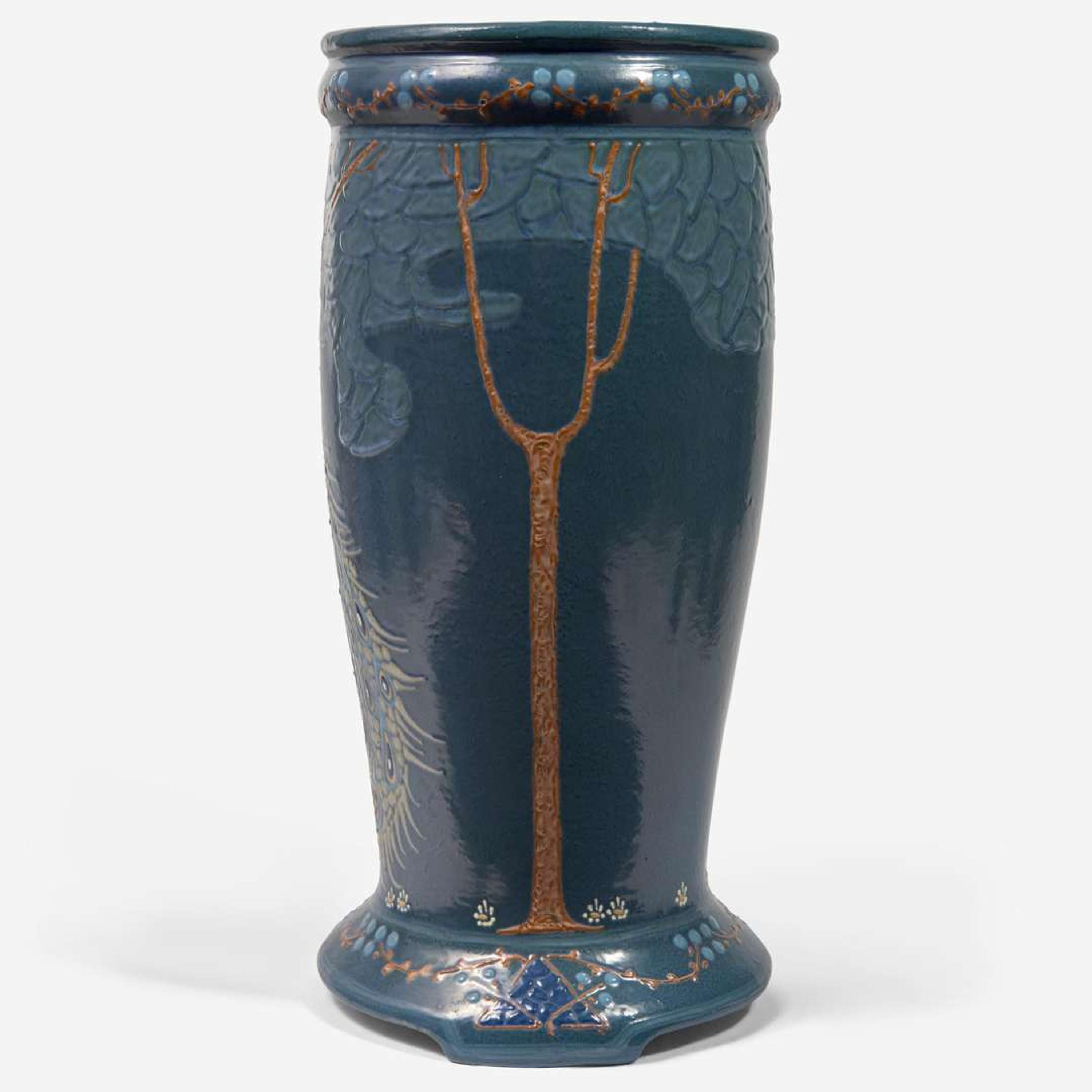 Frederick Hurten Rhead (British-American, 1880-1942) Peacock Umbrella Stand, Roseville Pottery, USA, circa 1908