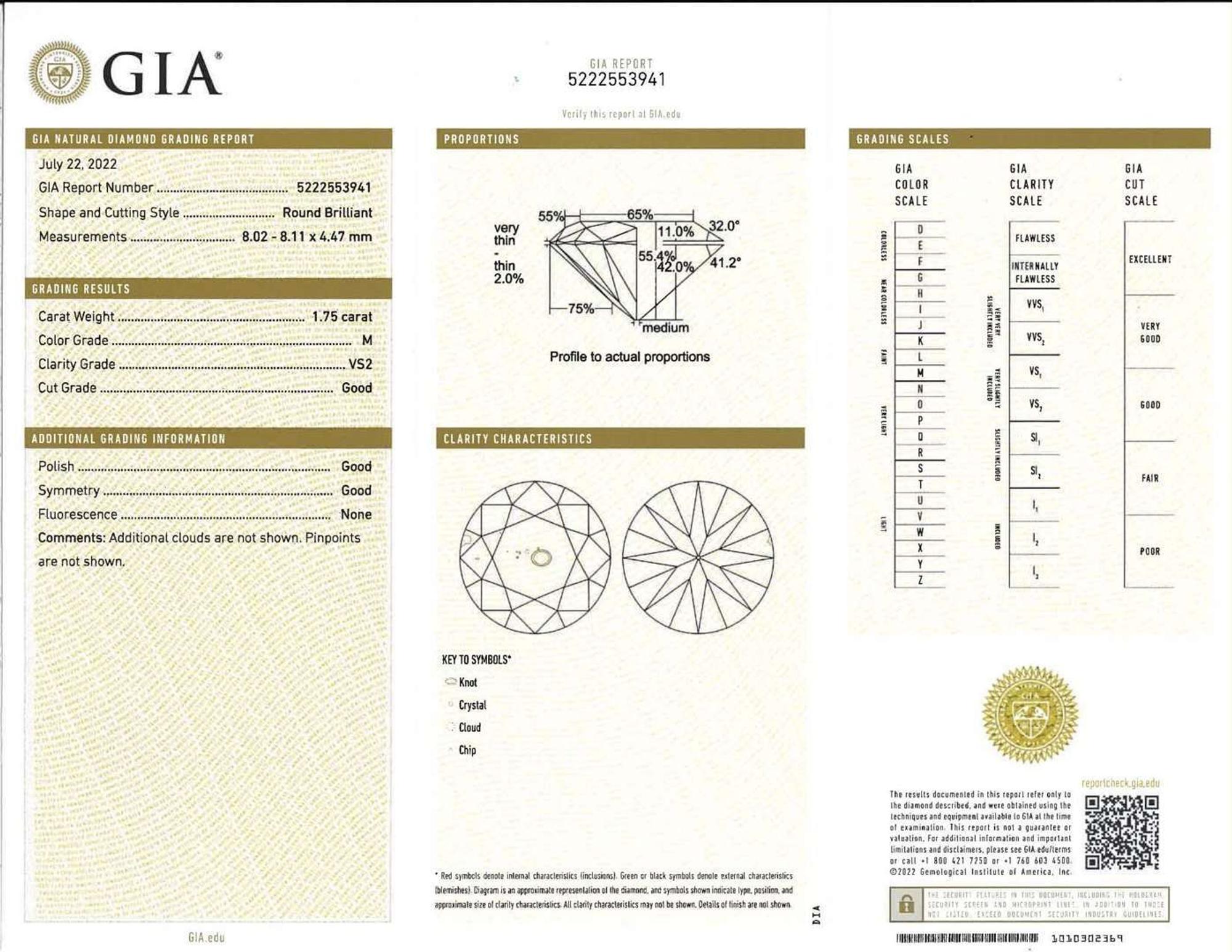 A Diamond and Platinum Ring 1.75 Carat Round Brilliant Diamond, GIA Certified