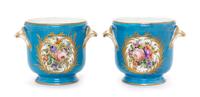A Pair of Sevres Style Porcelain Cache Pots Height 4 1/2 inches.