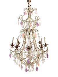 An Italian Bronze, Tôle, Rock Crystal, Amethyst and Rose Quartz Eight-Light Chandelier