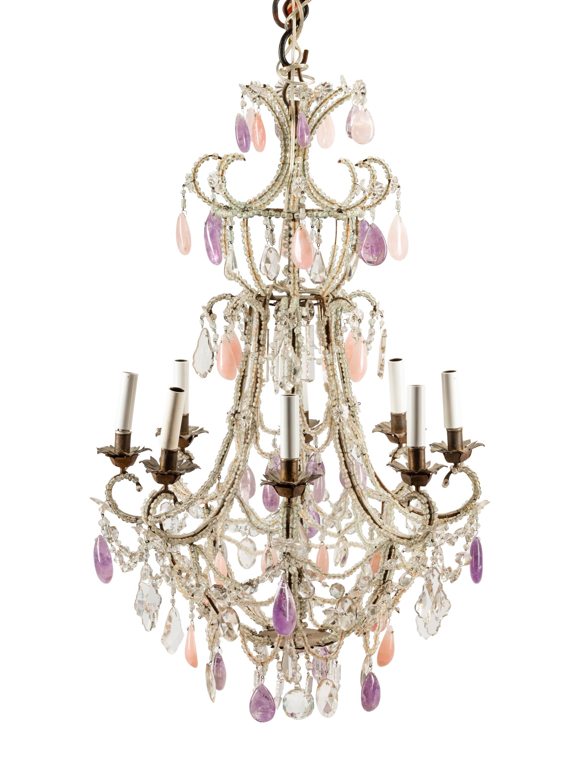 An Italian Bronze, Tôle, Rock Crystal, Amethyst and Rose Quartz Eight-Light Chandelier