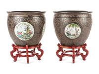 A Pair of Large Chinese Export Brown-Glazed Porcelain Jardinières with Stands — 20TH CENTURY