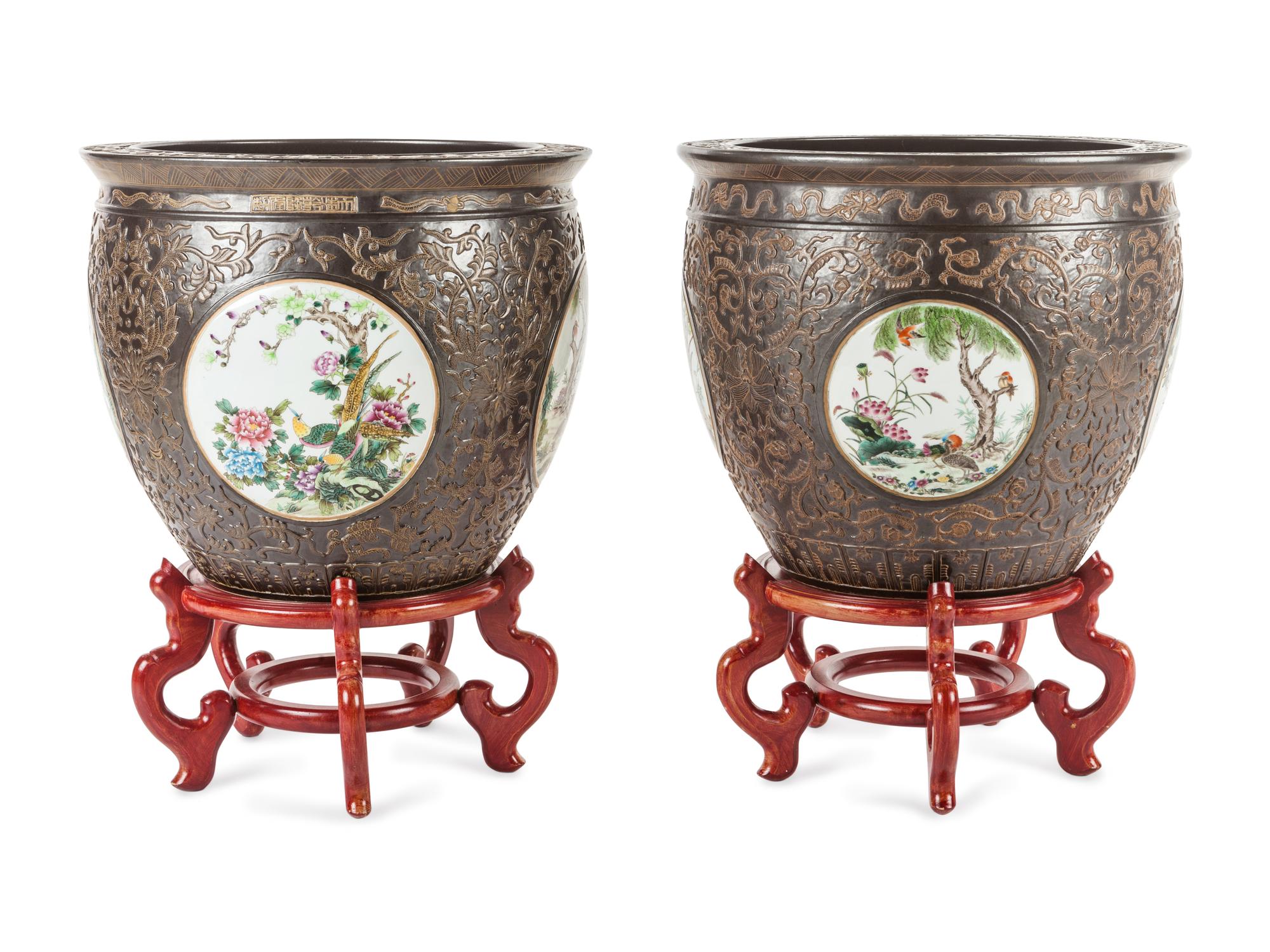 A Pair of Large Chinese Export Brown-Glazed Porcelain Jardinières with Stands — 20TH CENTURY