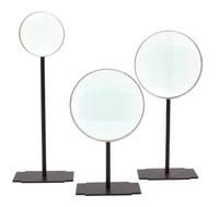 Three Metal Mounted Magnifying Glasses on Black Metal Stands Height of tallest 15 1/4 inches.