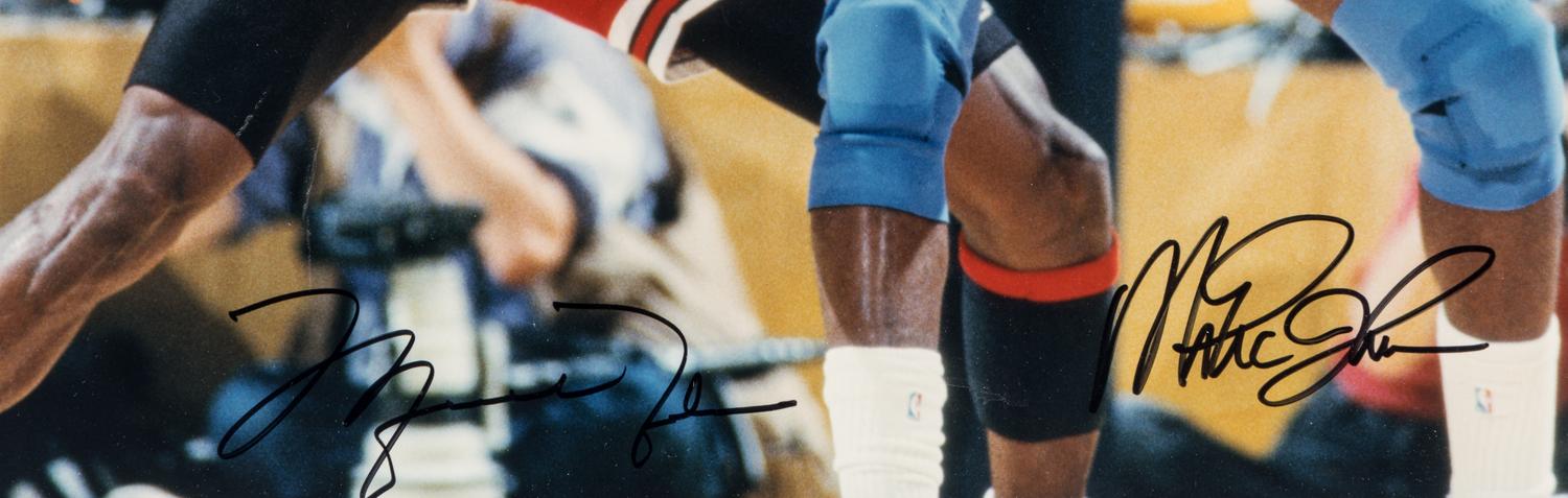 A Michael Jordan and Magic Johnson Signed Autograph Oversized Limited Edition Photograph (Beckett Authentication Services Letter, Upper Deck Hologram),