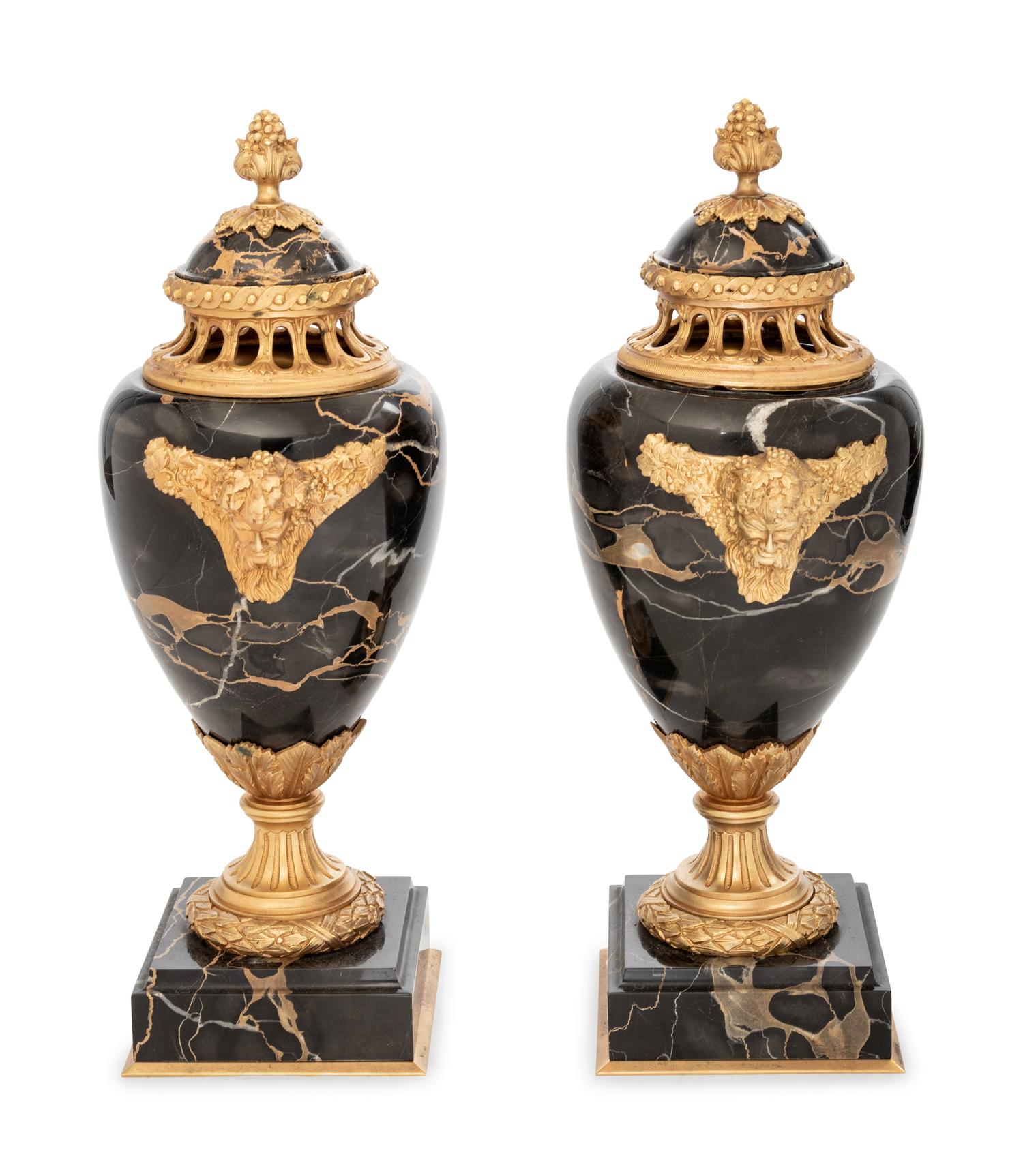 A Pair of Louis XV Style Gilt Bronze Mounted Marble Covered Urns