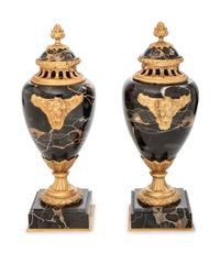 A Pair of Louis XV Style Gilt Bronze Mounted Marble Covered Urns