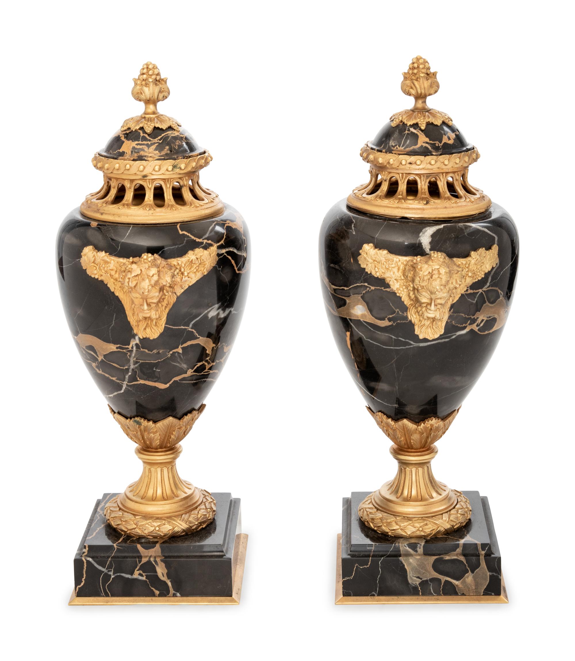 A Pair of Louis XV Style Gilt Bronze Mounted Marble Covered Urns