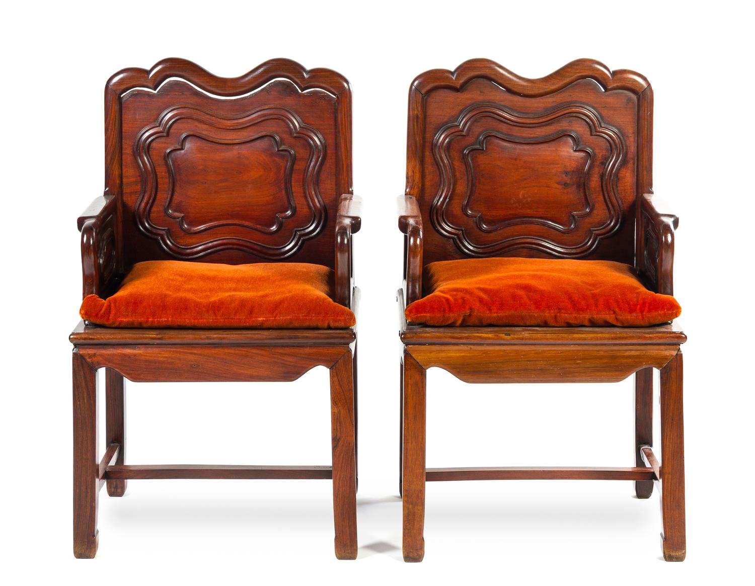 A Pair of Chinese Hardwood Armchairs Height 41 1/2 inches.