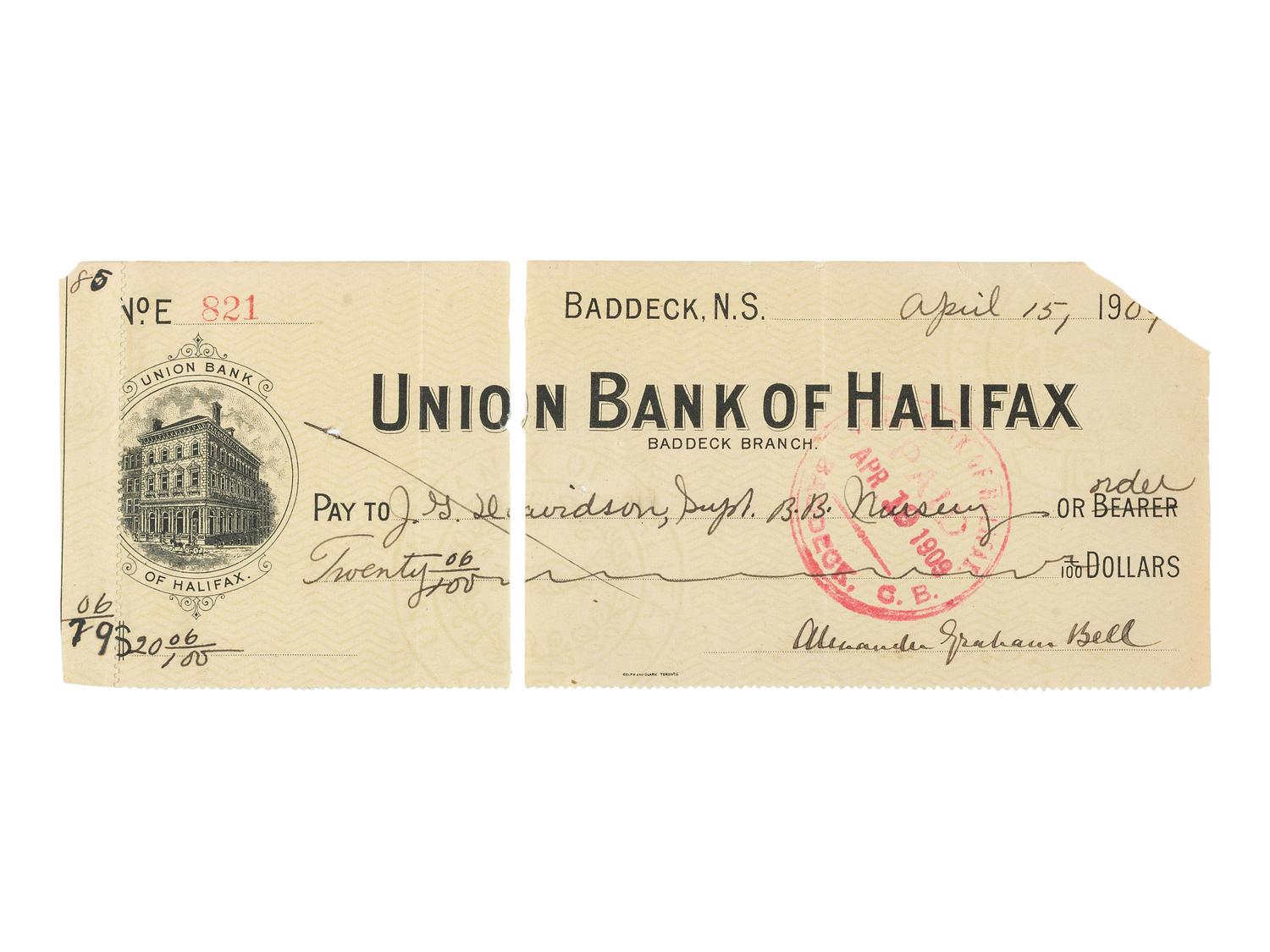 [SCIENCE & TECHNOLOGY]. BELL, Alexander Graham (1847-1922). Personal check signed ("Alexander Graham Bell"). Baddeck, Nova Scotia, 15 April 1909.