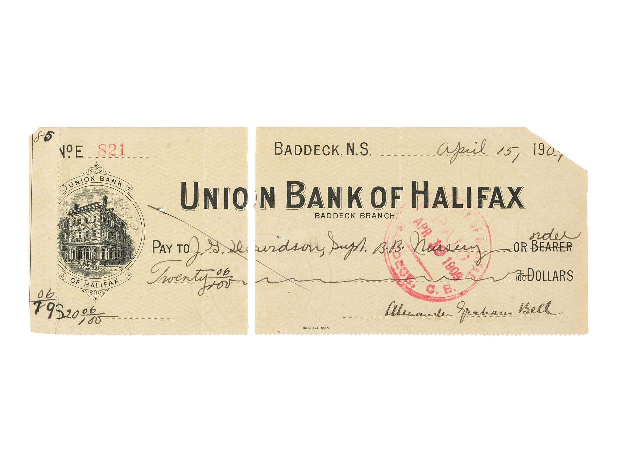 [SCIENCE & TECHNOLOGY]. BELL, Alexander Graham (1847-1922). Personal check signed ("Alexander Graham Bell"). Baddeck, Nova Scotia, 15 April 1909.