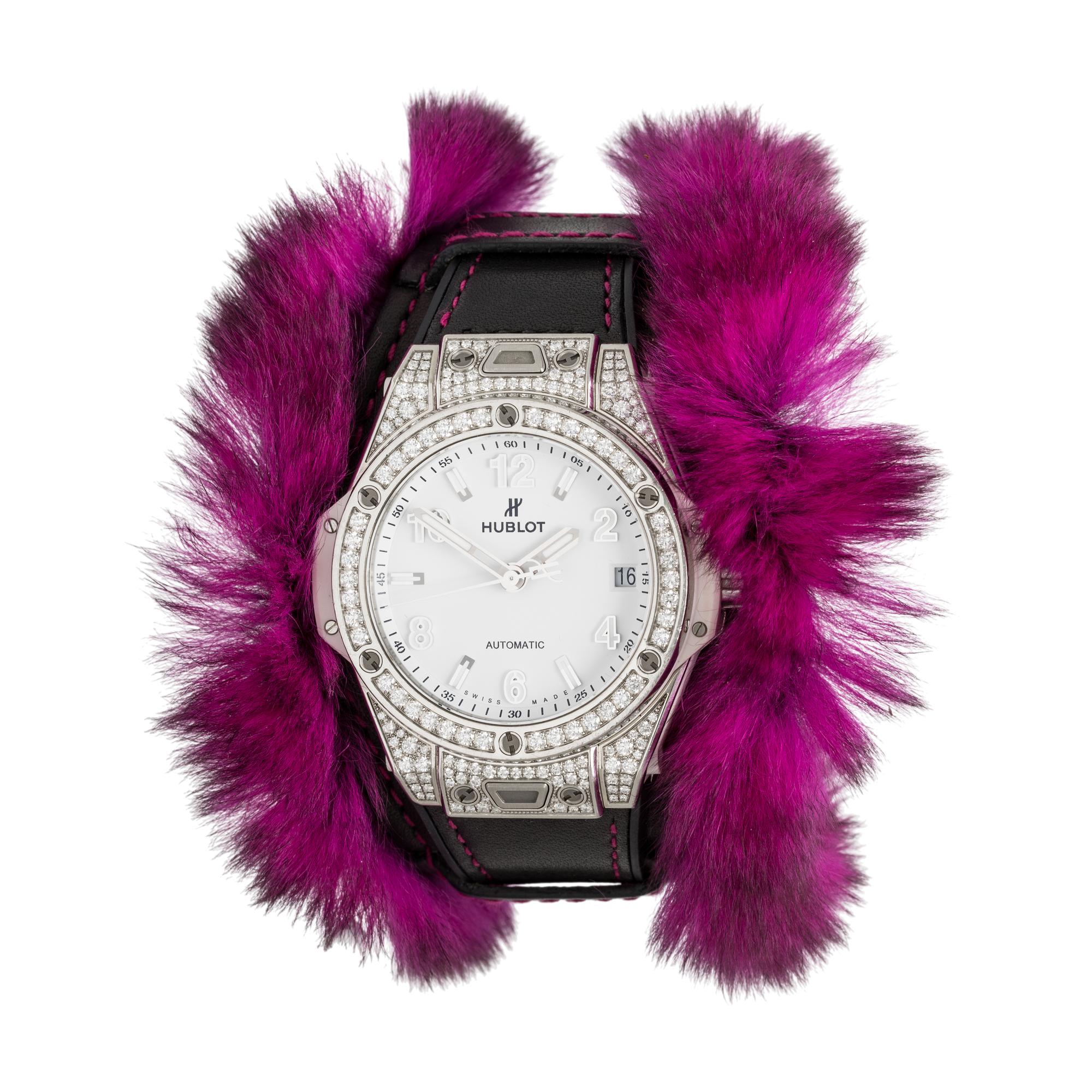 HUBLOT, 'BIG BANG ONE CLICK' DATE WATCH WITH DIAMONDS AND 'CUDDLY CUFF' RABBIT FUR STRAPS