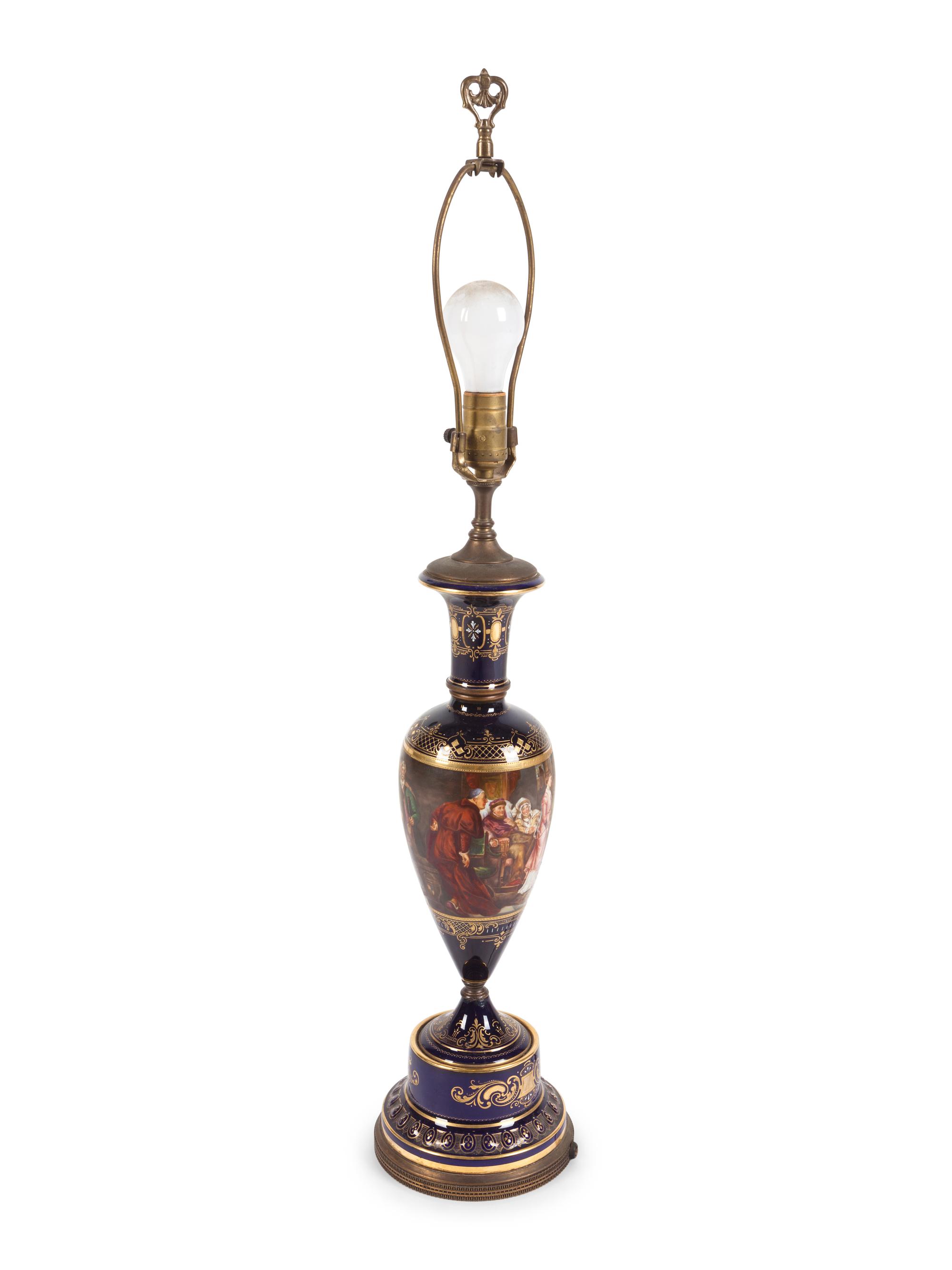 A Vienna Painted and Parcel Gilt Porcelain Vase Mounted as a Lamp