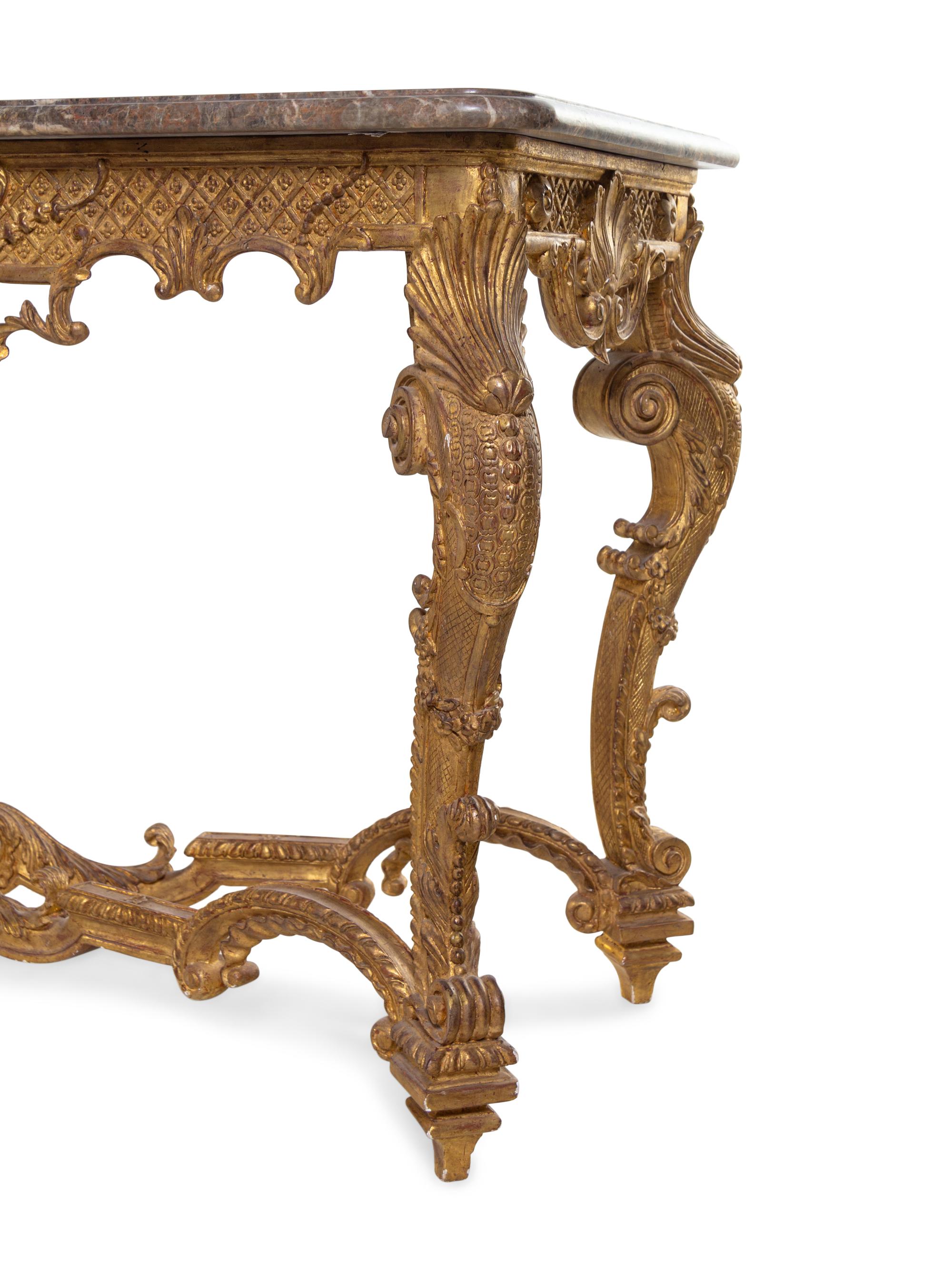 A Pair of Louis XV Style Giltwood Marble-Top Console Tables