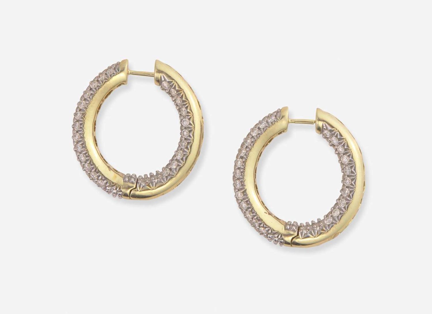 A Pair of 14K Yellow Gold and Diamond Hoops