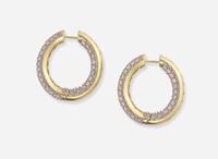 A Pair of 14K Yellow Gold and Diamond Hoops
