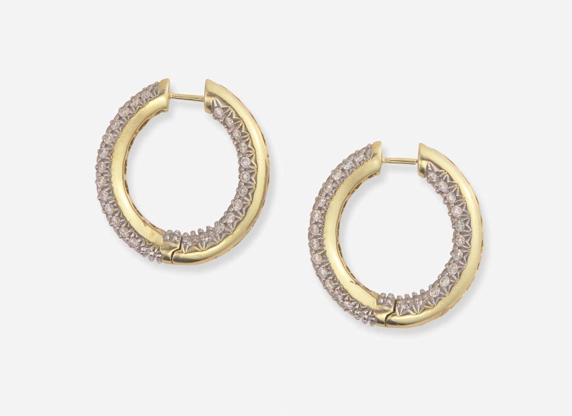A Pair of 14K Yellow Gold and Diamond Hoops