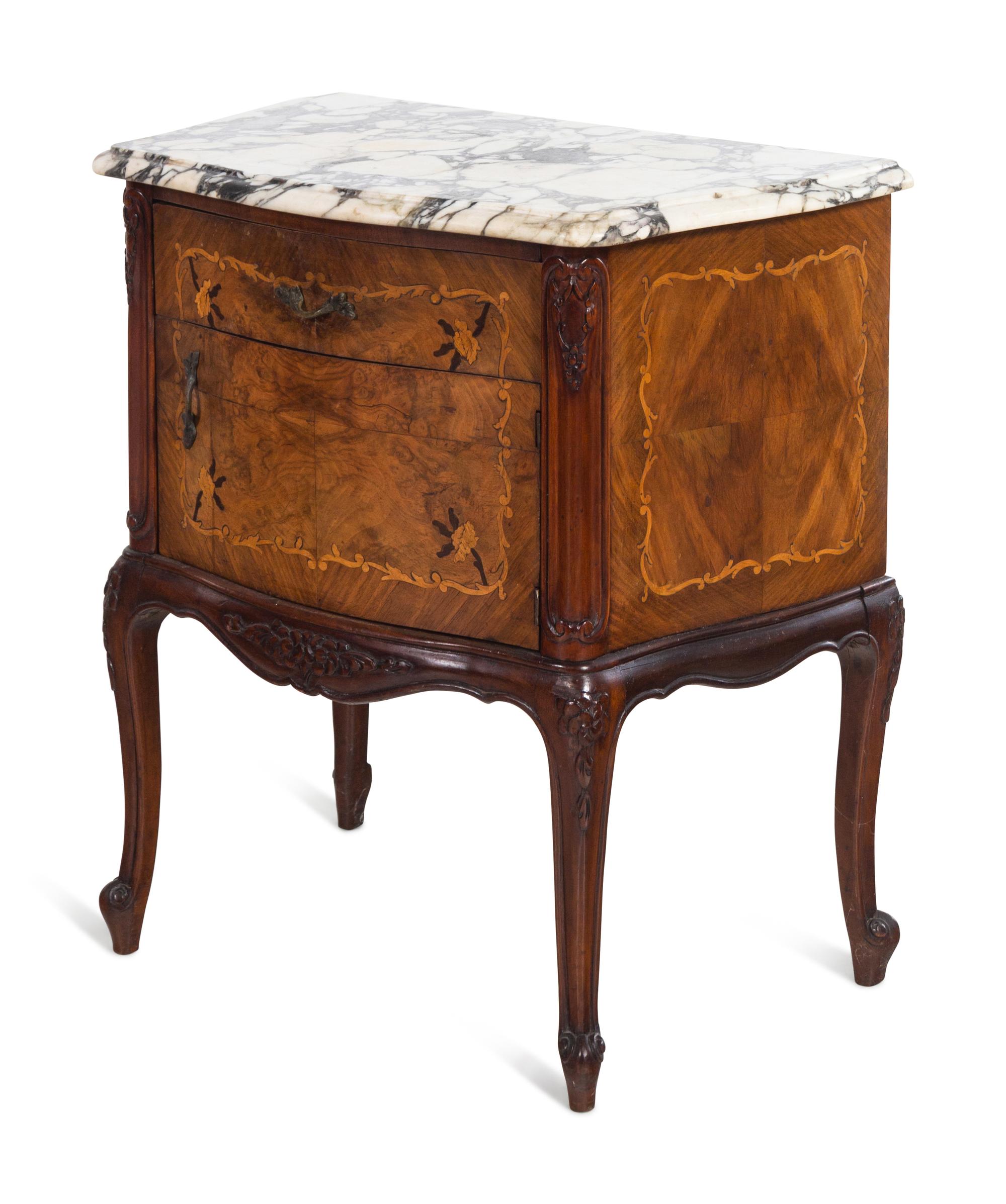 A Pair of Italian Burlwood Marble-Top Commodini