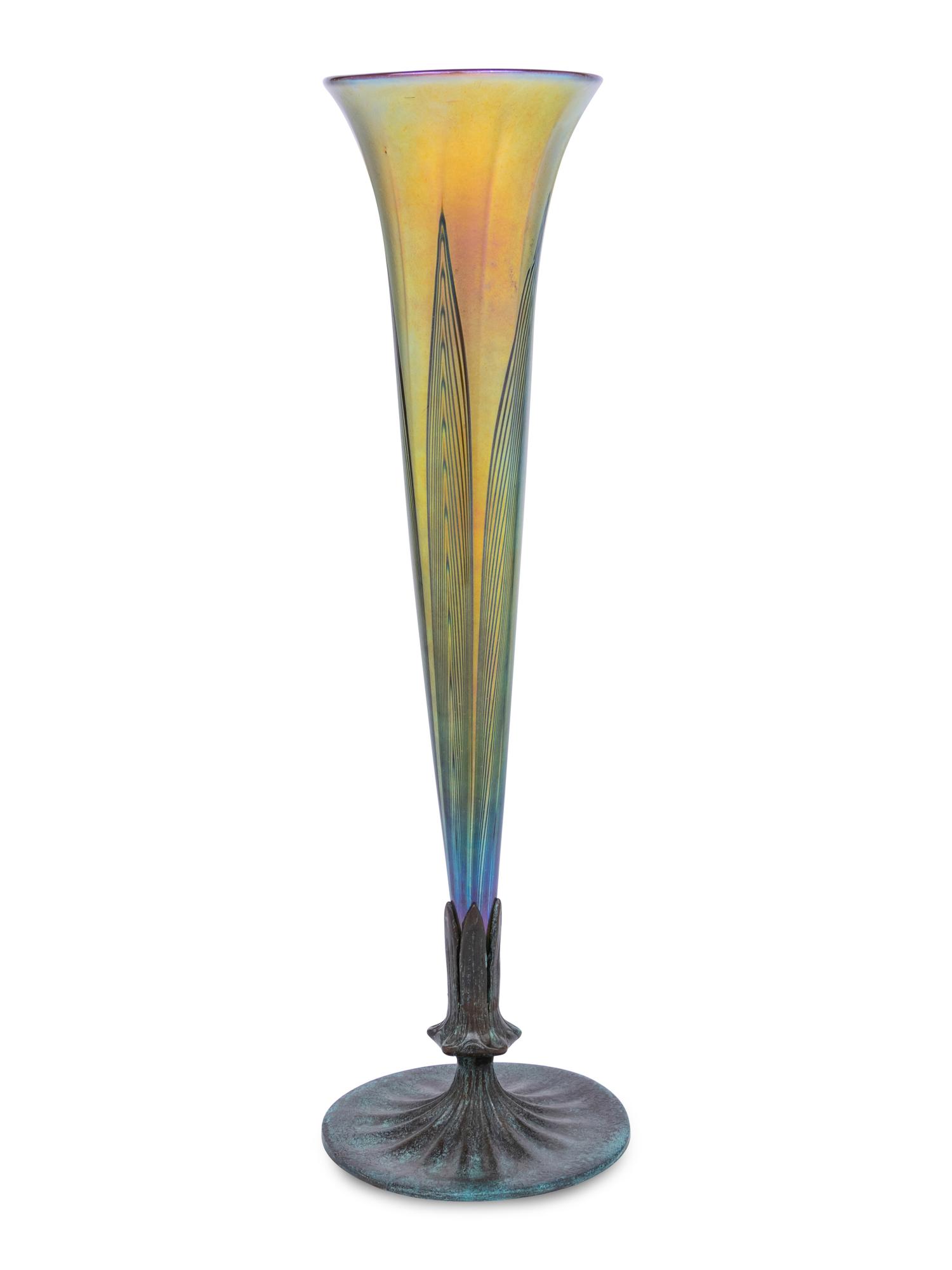 A Lundberg Studios Iridescent Glass and Patinated Bronze Vase