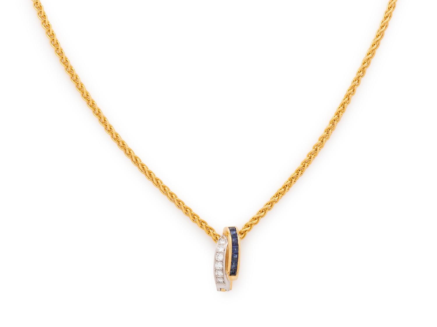 YELLOW GOLD, DIAMOND AND SAPPHIRE PENDANT/NECKLACE