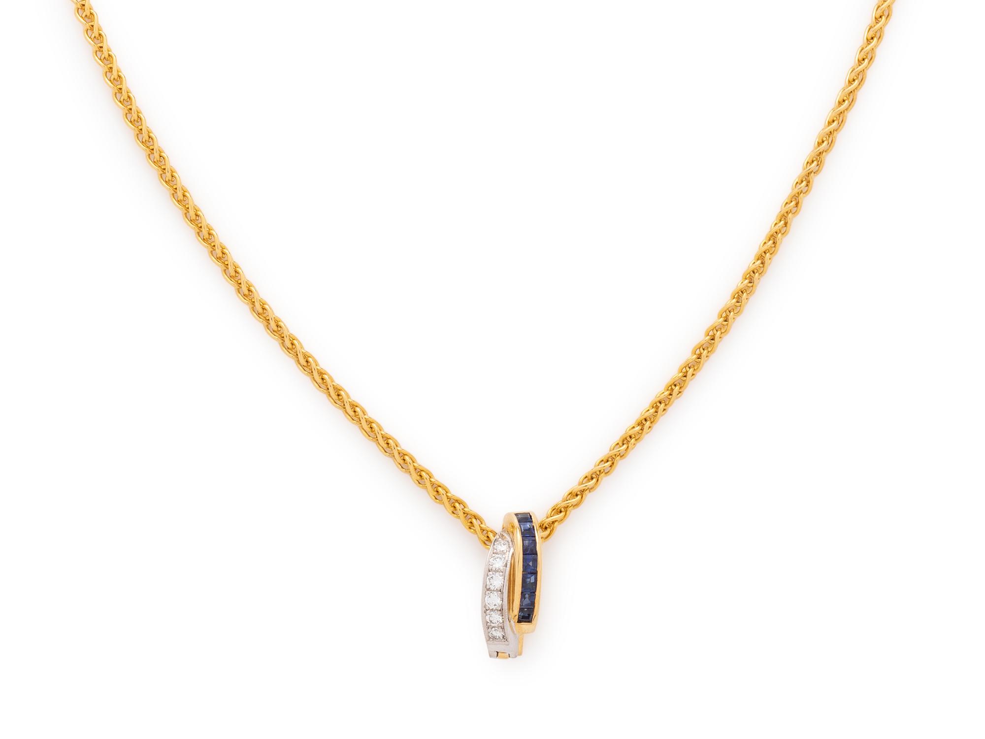 YELLOW GOLD, DIAMOND AND SAPPHIRE PENDANT/NECKLACE