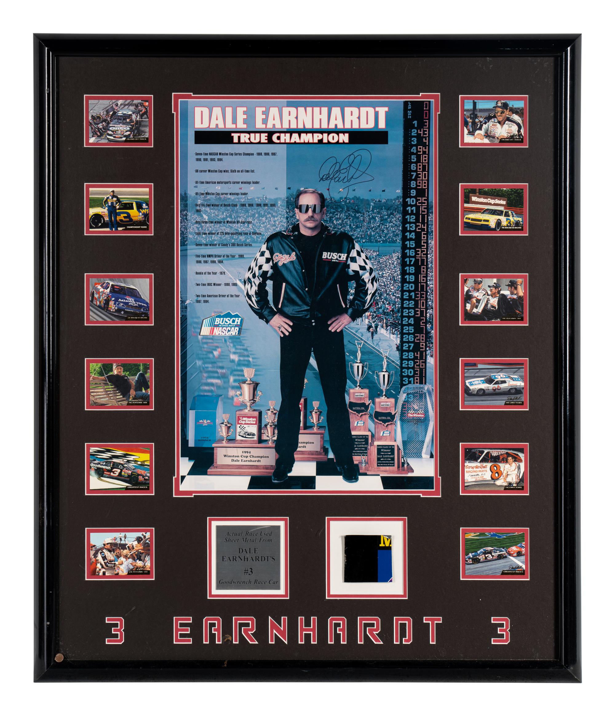 A Dale Earnhardt Signed Autograph Display Including Race Used Artifact (Beckett Authentication Services)
