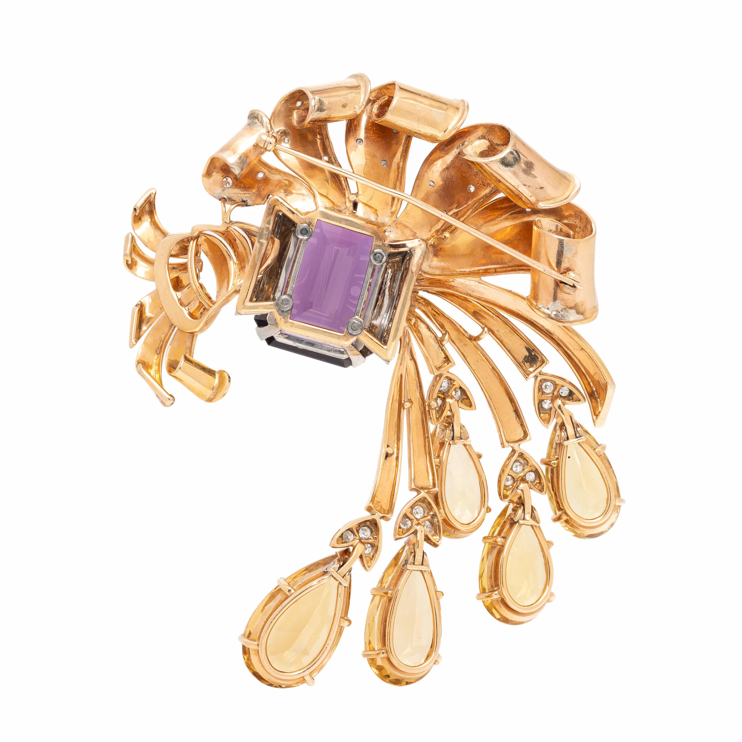 Retro, Amethyst, Citrine, Diamond, and Rose Gold Brooch