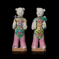 A Pair of Chinese Famille Rose "Boys" Figures, Qianlong-Jiaqing Period 清乾隆-嘉慶 粉彩童子擺件一對