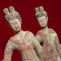 A Group of Seven Chinese Painted Pottery Figures of Musicians and Dancers, Sui-Tang Dynasty — 隋-唐 彩繪陶伎樂舞俑一組七件