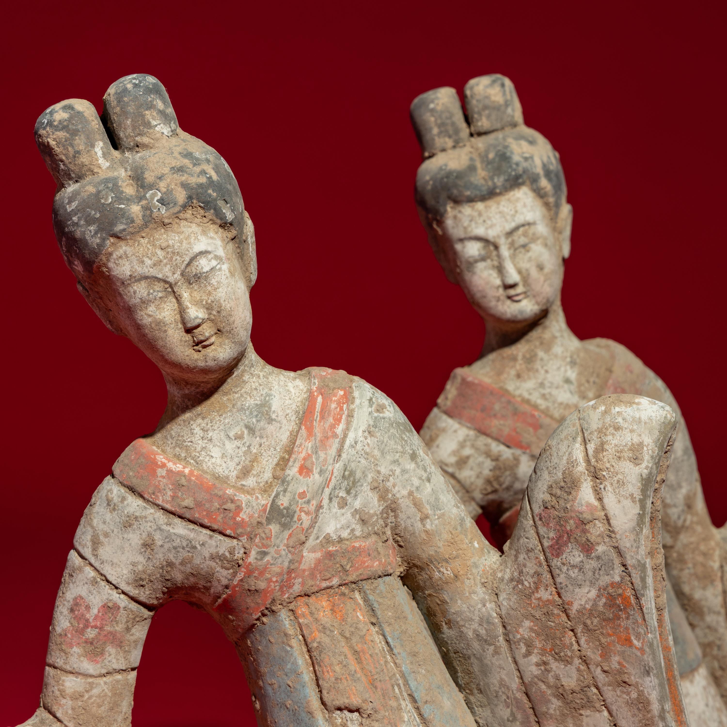 A Group of Seven Chinese Painted Pottery Figures of Musicians and Dancers, Sui-Tang Dynasty — 隋-唐 彩繪陶伎樂舞俑一組七件
