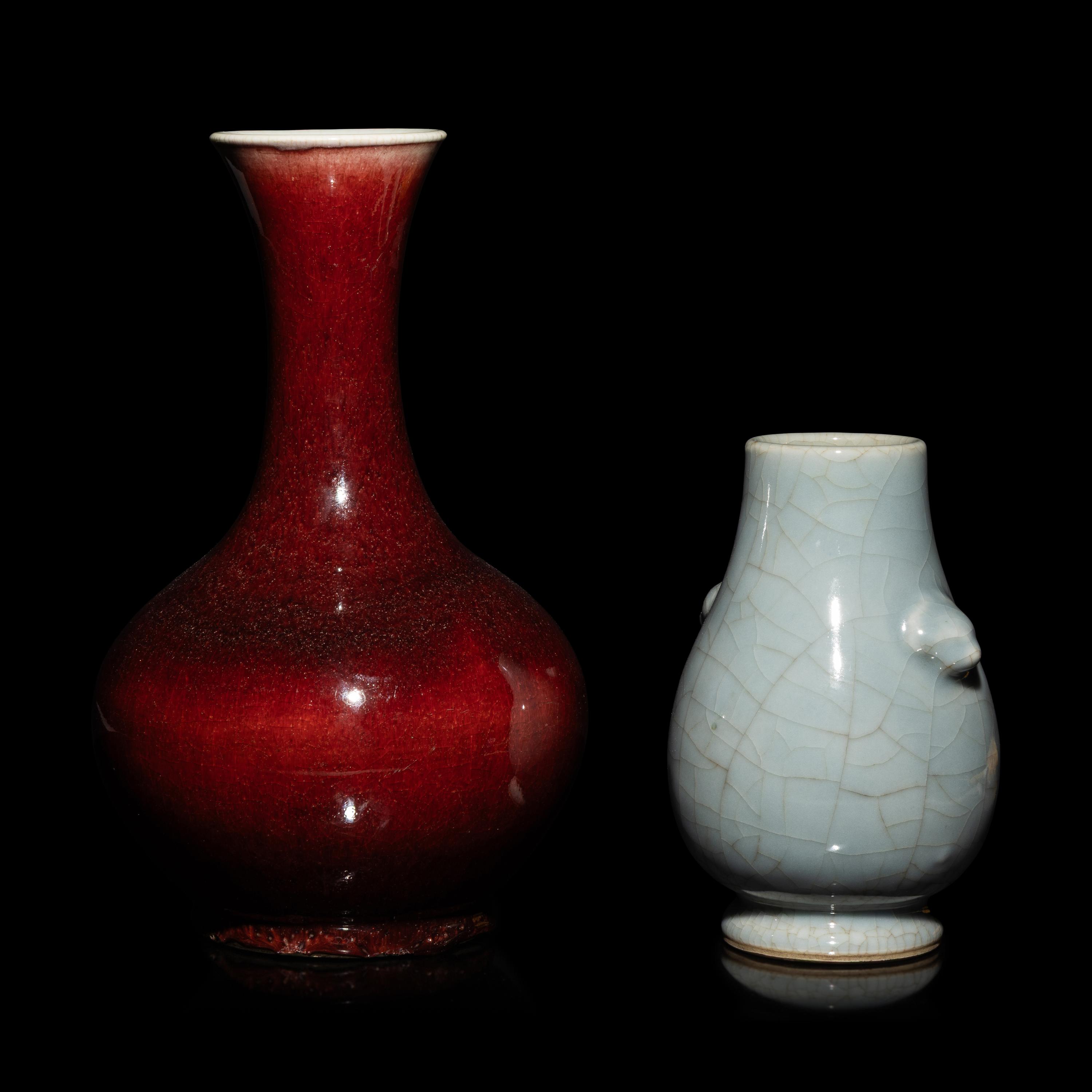 Two Chinese Monochrome Glazed Porcelain Vases, 19th/20th Century — 晚清/民國 銅紅釉賞瓶及仿官窯雙耳壺