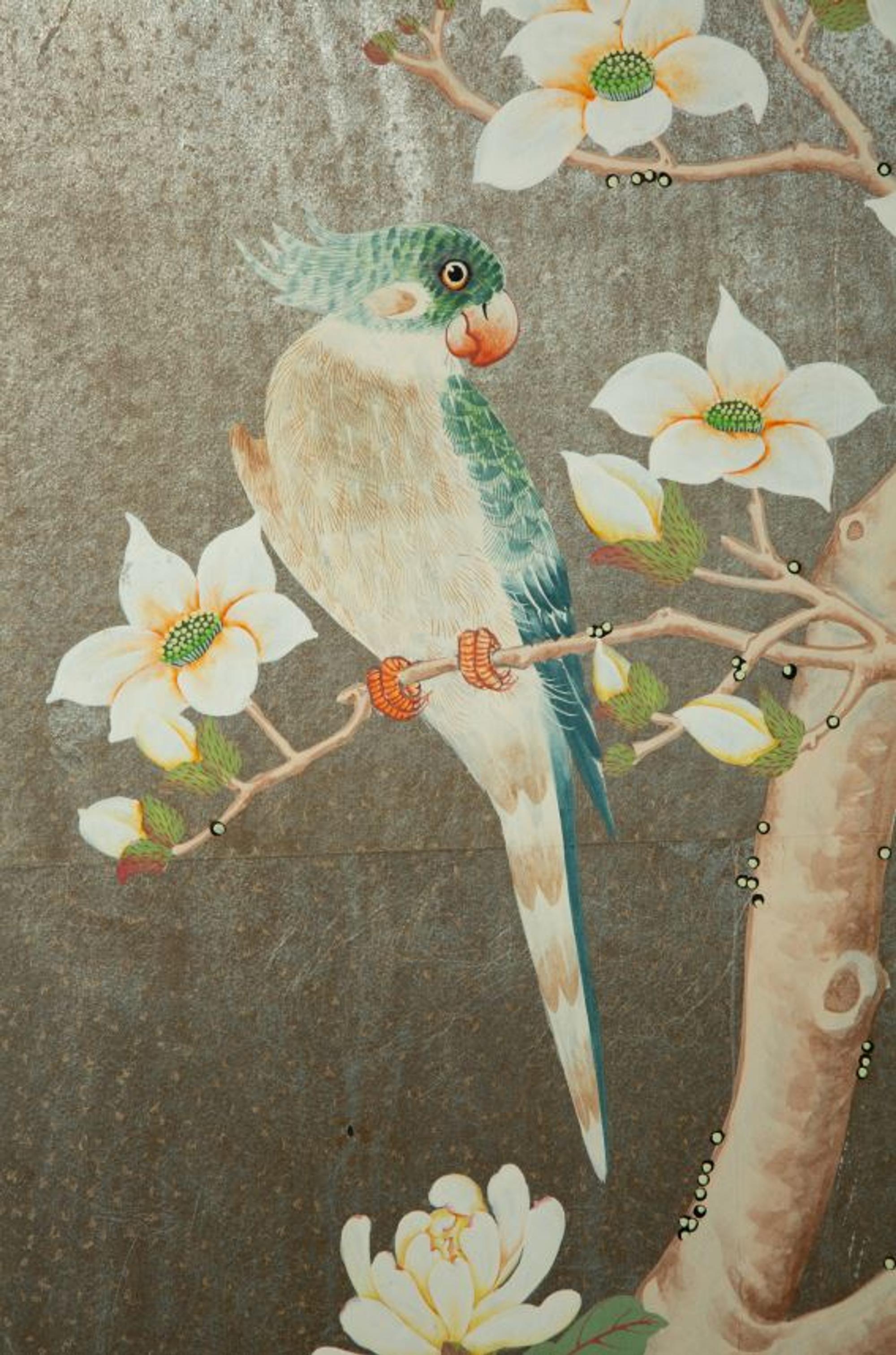A Hand-Painted Six-Panel Gracie Screen Depicting a Chinoiserie Scene on Silvered Ground — 20TH CENTURY