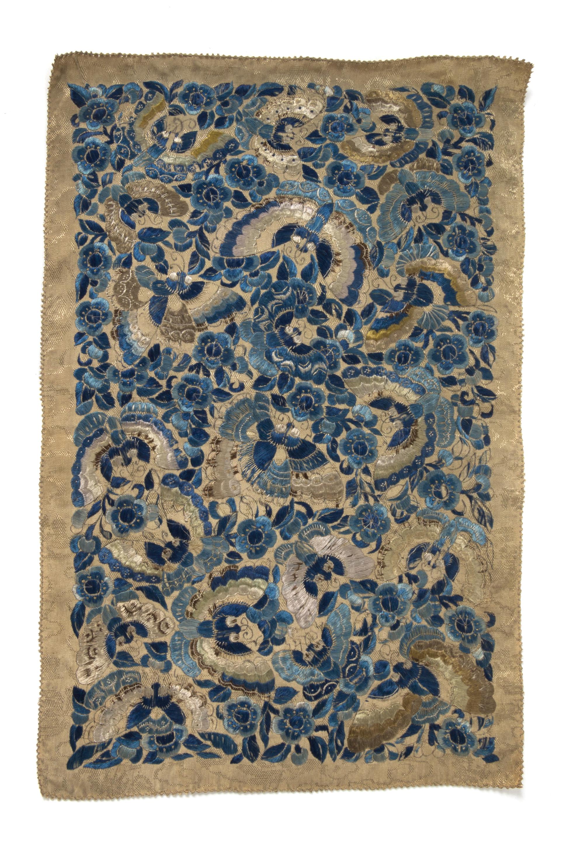 Six Chinese Embroidered Silk Panels Length of largest 26 5/8 inches.