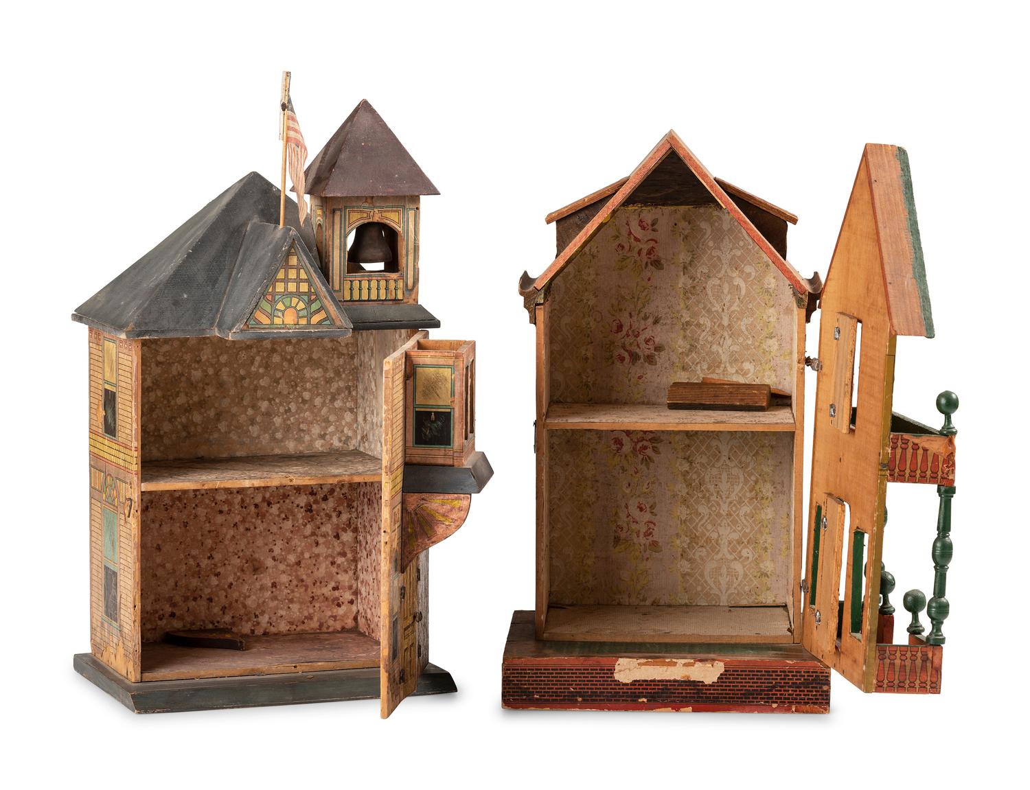 A Lithograph Paper on Wood Two-Story Doll House and Fire Station