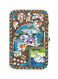 A Russian Enameled Silver Cigarette Case, possibly Henrich Vigstren (H.W.), 1908-1926, of rectangular form with polychrome knight and s