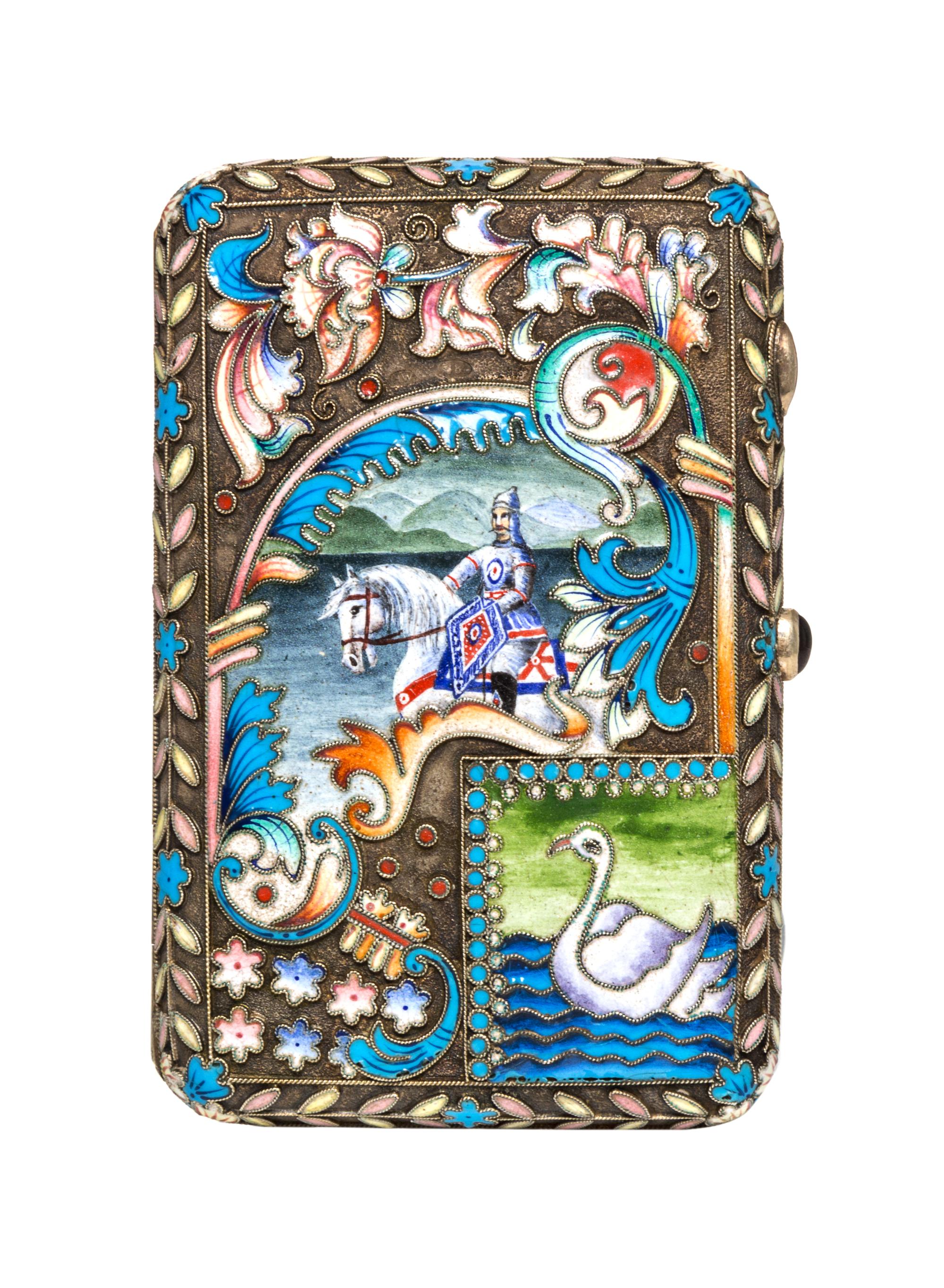 A Russian Enameled Silver Cigarette Case, possibly Henrich Vigstren (H.W.), 1908-1926, of rectangular form with polychrome knight and s