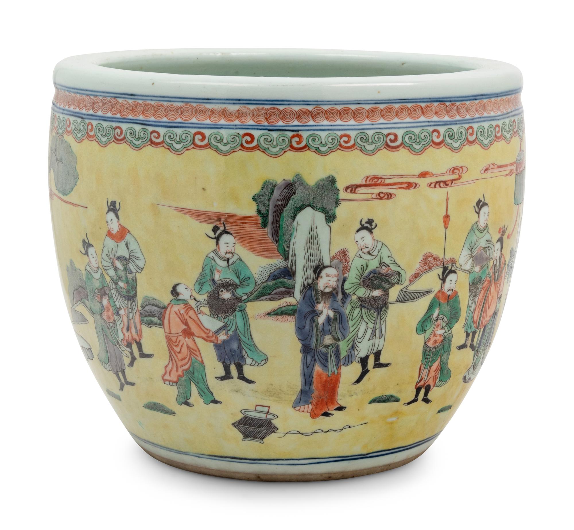 A Yellow Ground Famille Verte Porcelain Fish Bowl