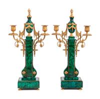 A Pair of Empire Style Gilt Metal and Malachite Veneered Two-Light Candelabra