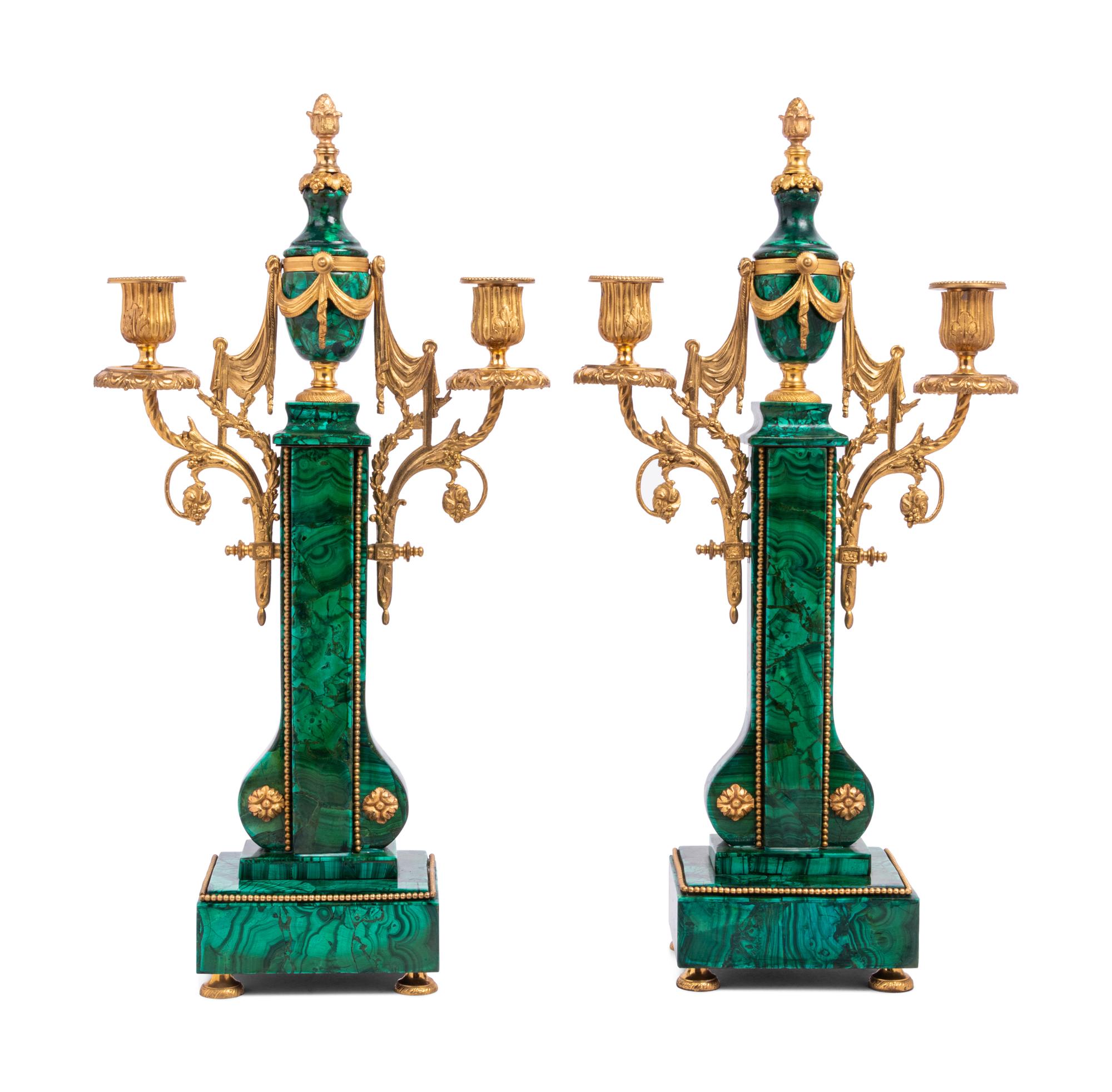 A Pair of Empire Style Gilt Metal and Malachite Veneered Two-Light Candelabra