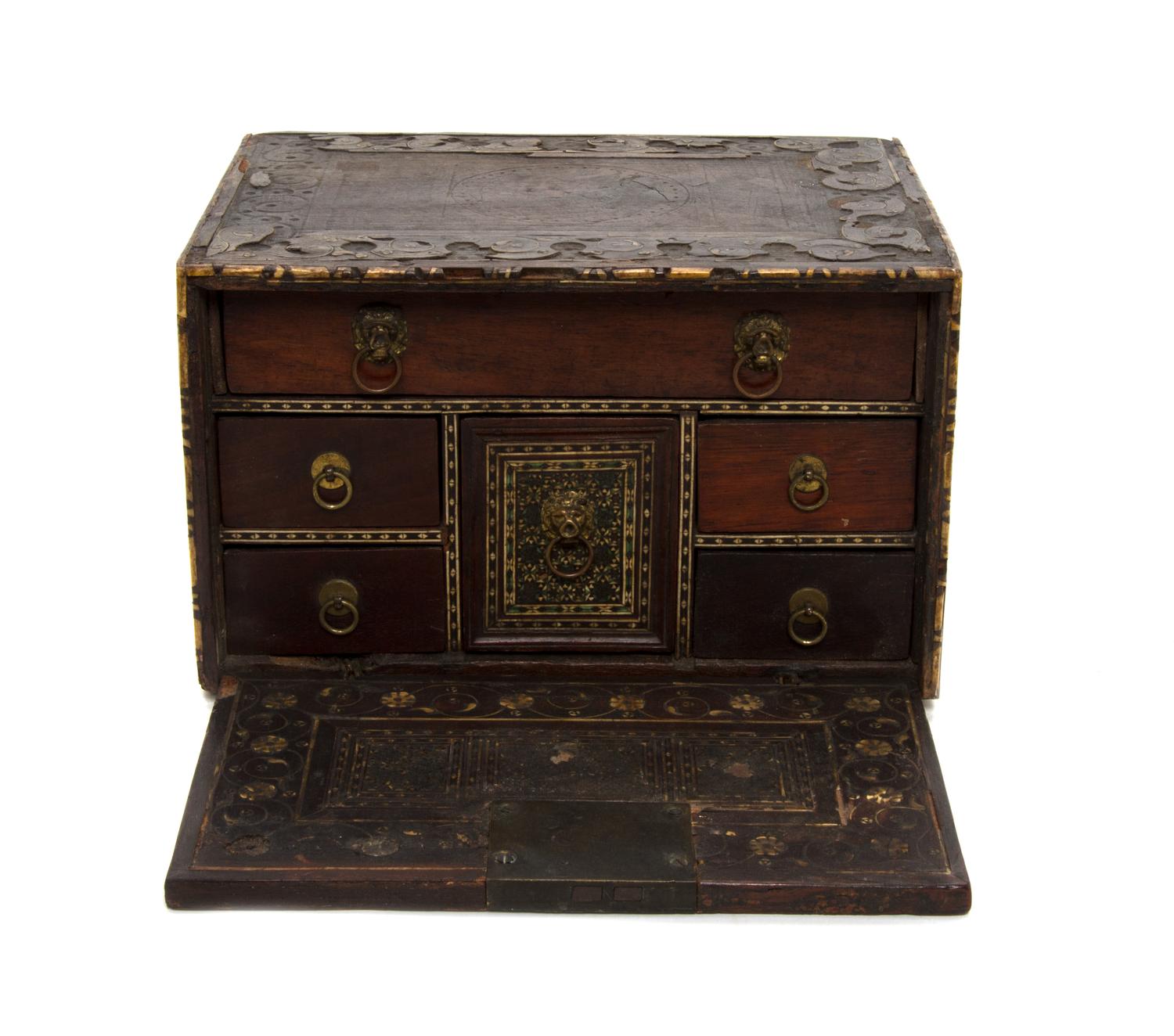 A Spanish Bone Inlaid Vargueno, Height 6 1/2 x width 10 5/8 x depth 8 1/8 inches.