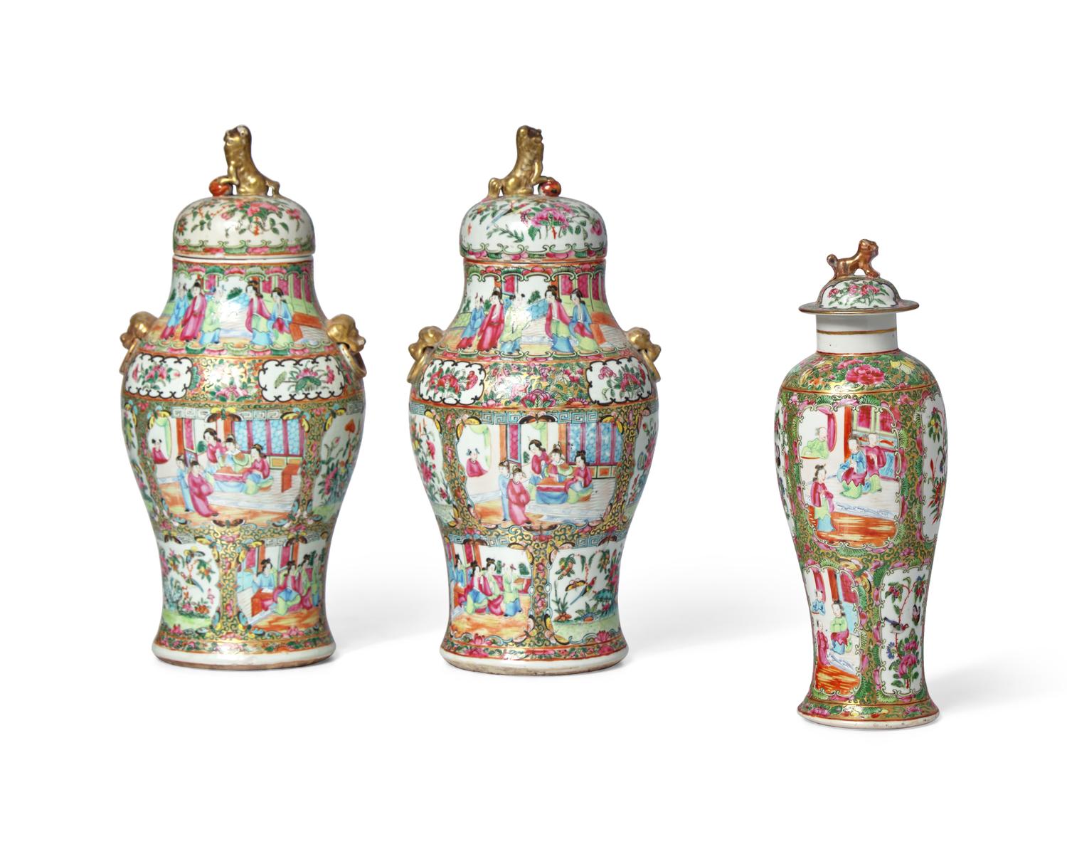 Three Chinese Export Porcelain Rose Medallion Covered Vases