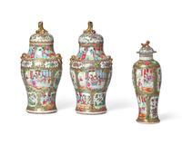 Three Chinese Export Porcelain Rose Medallion Covered Vases