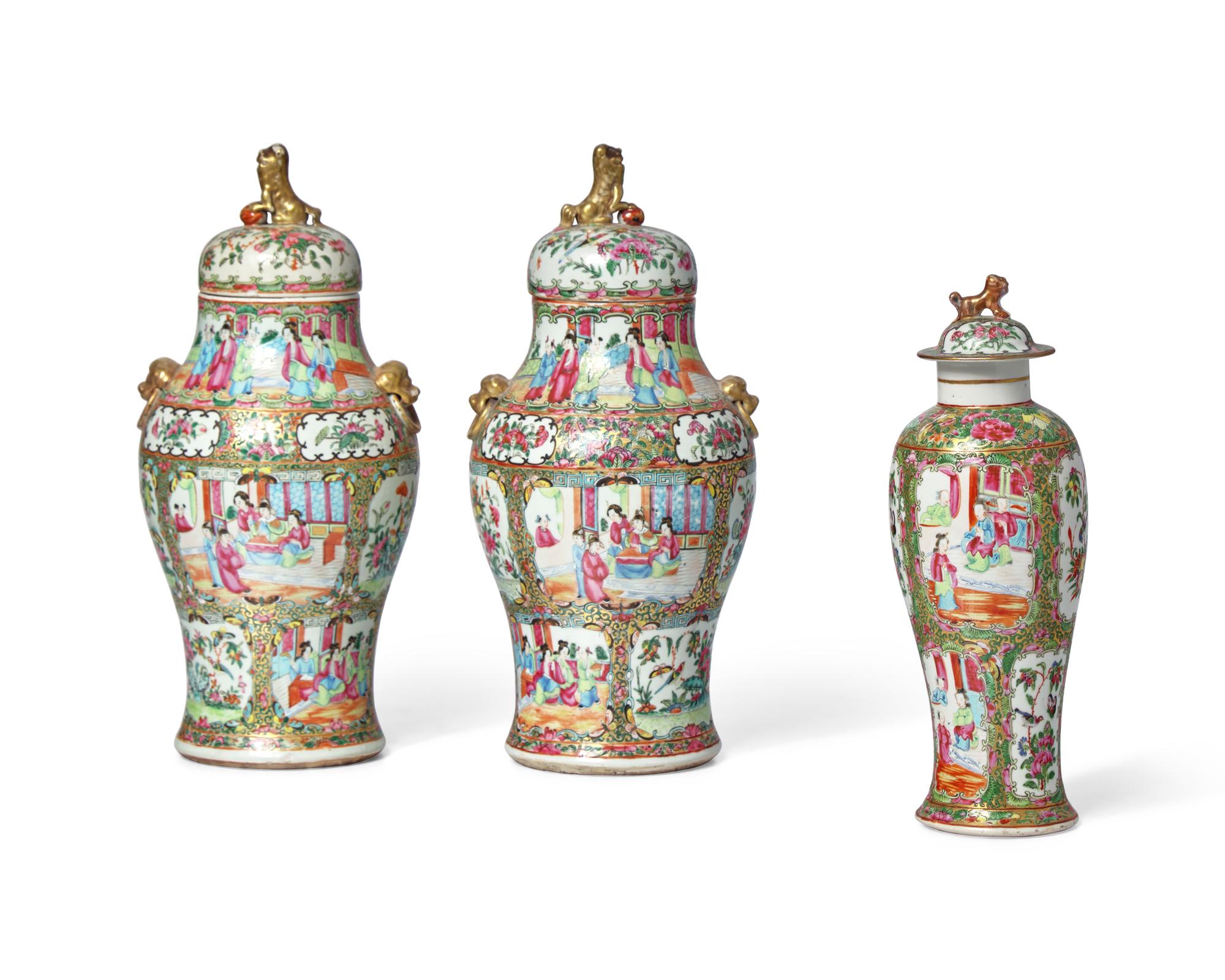 Three Chinese Export Porcelain Rose Medallion Covered Vases