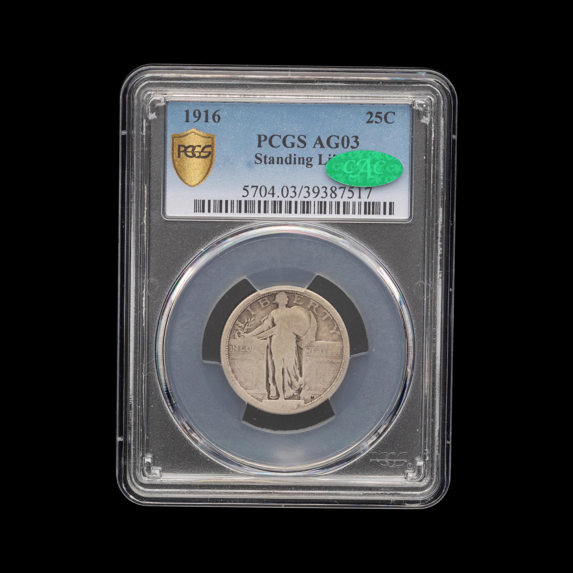 A 1916 Standing Liberty 25c Coin [PCGS AG03; CAC Green Sticker]