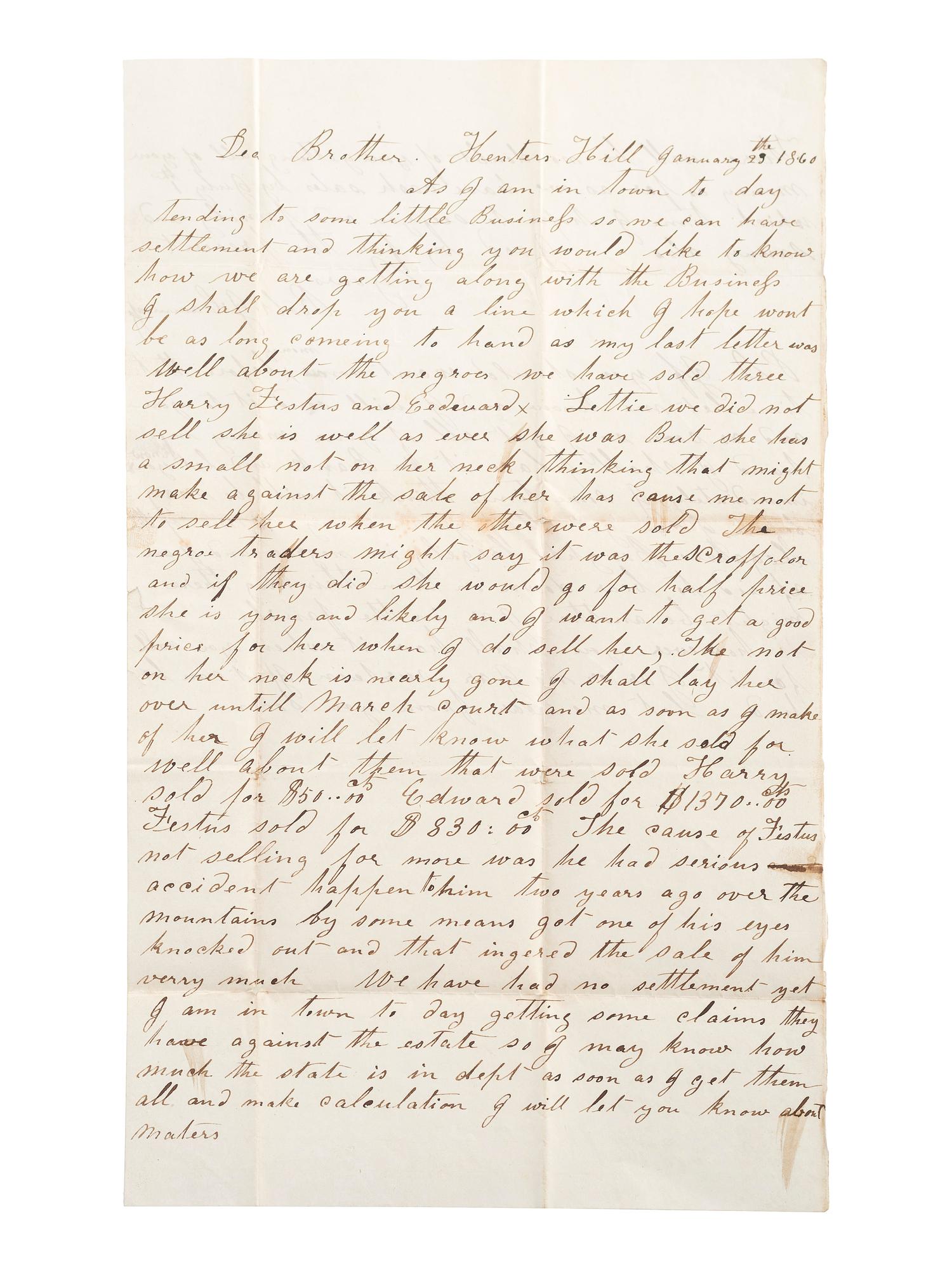 [SLAVERY & ABOLITION]. Letter detailing the sale of enslaved persons "Harry, Festus and Edward." 23 January 1860.