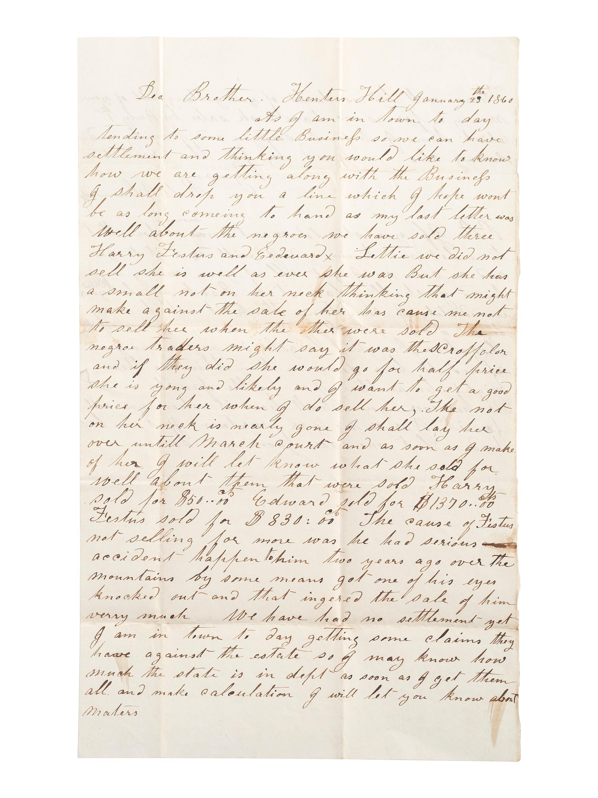 [SLAVERY & ABOLITION]. Letter detailing the sale of enslaved persons "Harry, Festus and Edward." 23 January 1860.
