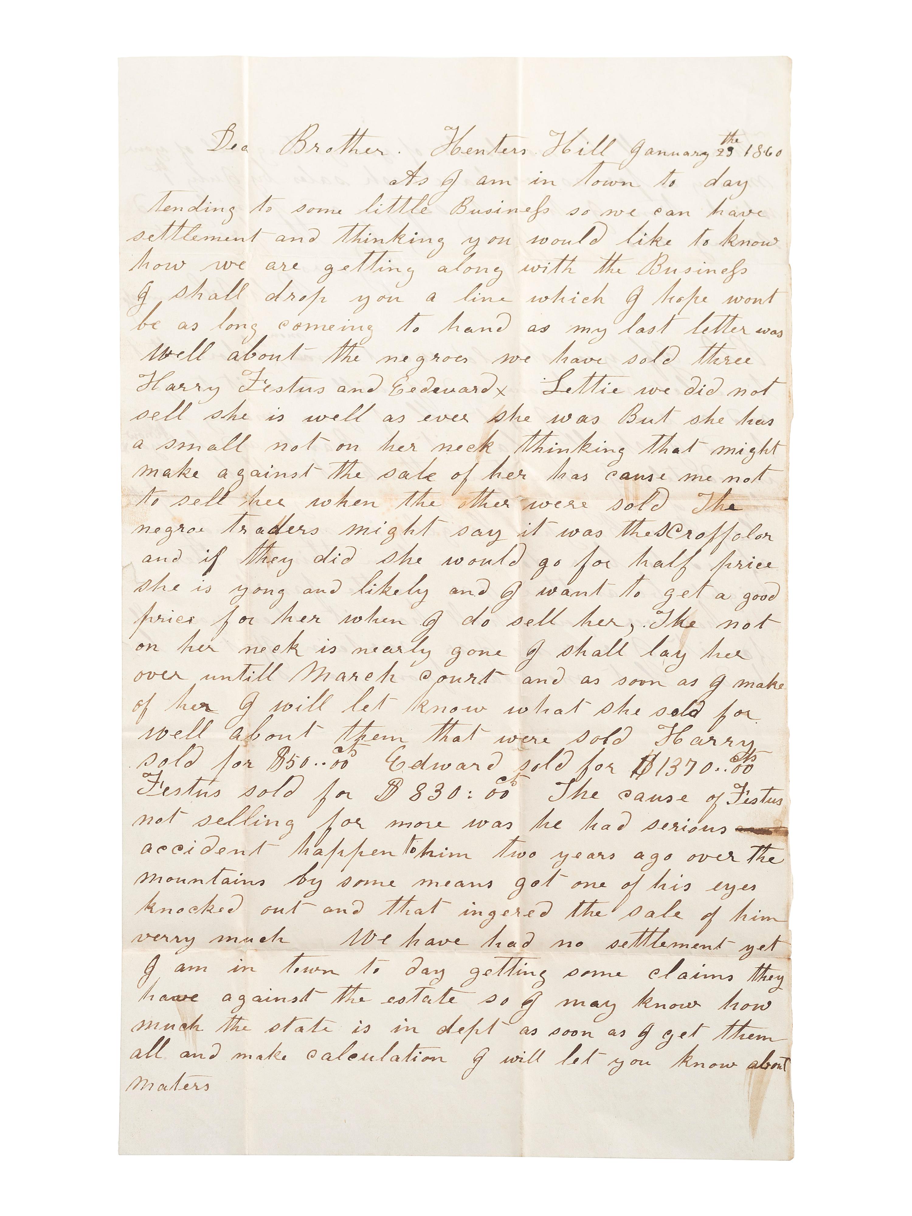 [SLAVERY & ABOLITION]. Letter detailing the sale of enslaved persons "Harry, Festus and Edward." 23 January 1860.