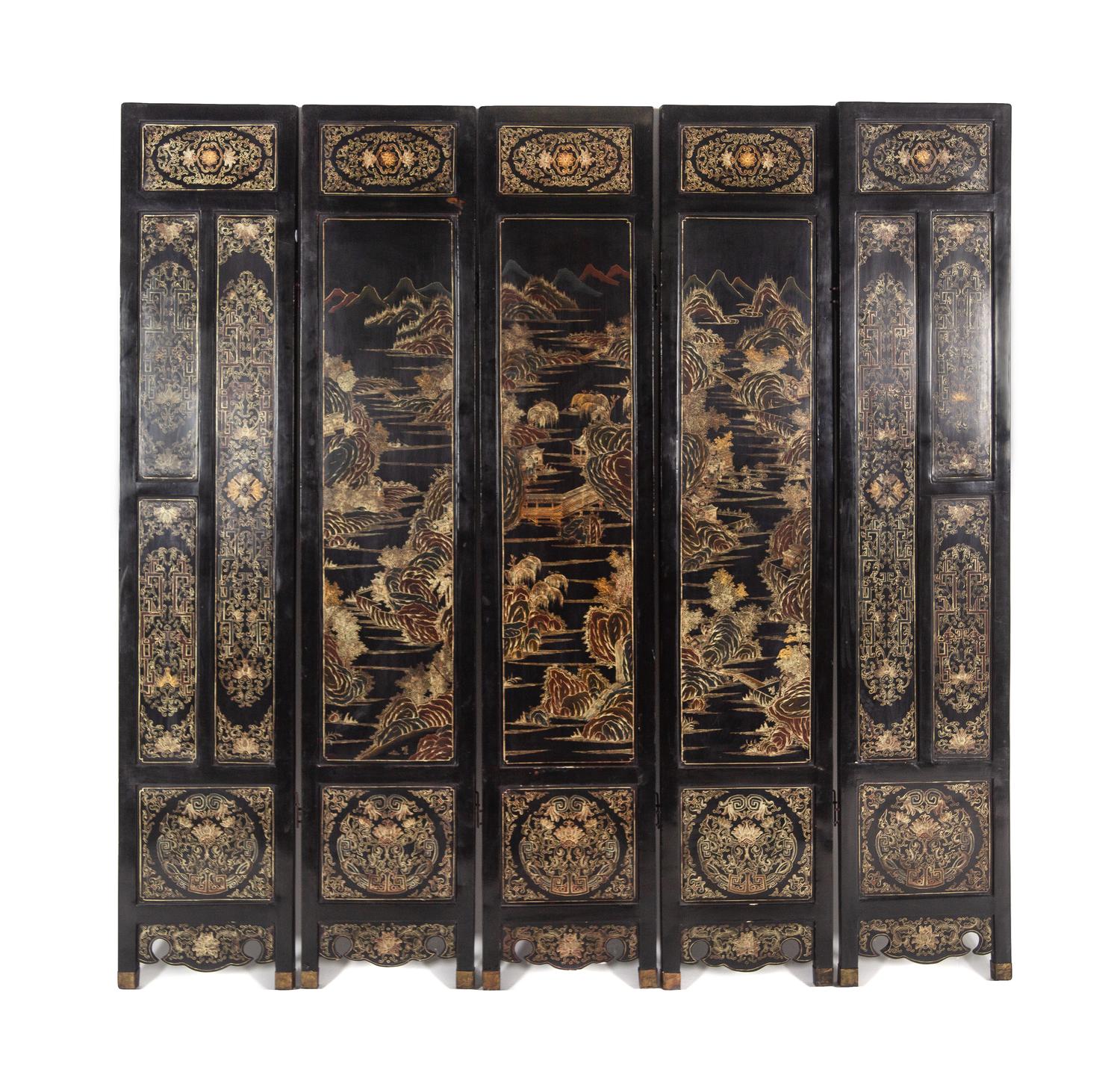 A Chinese Jade and Hardstone Inlaid Black Lacquered Five-Panel Floor Screen